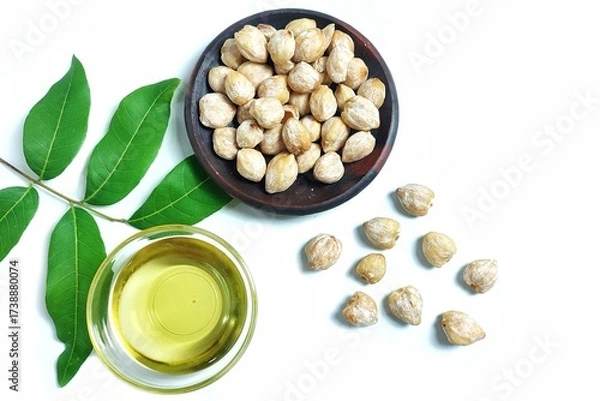 Fototapeta Top view of Candlenut essential oil or minyak kemiri in glass bowl. Isolated on white background with copy space. Natural ingredient for hair and scalp care. Suitable for design element, and article.