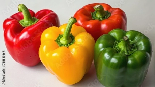 Fototapeta Four vibrant bell peppers in red, yellow, green, and orange arranged together on a light surface, showcasing their fresh and healthy appeal.