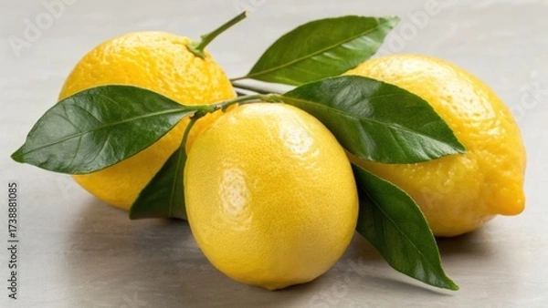 Fototapeta Three fresh lemons with vibrant green leaves arranged on a neutral background, showcasing their bright yellow color and natural texture.