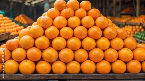 Fototapeta A vibrant stack of oranges showcases freshness and abundance in a market setting, highlighting the appeal of citrus fruits.