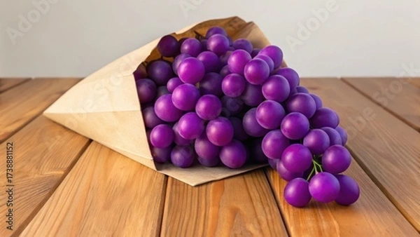 Fototapeta A bunch of purple grapes spilling from a paper cone onto a wooden surface.