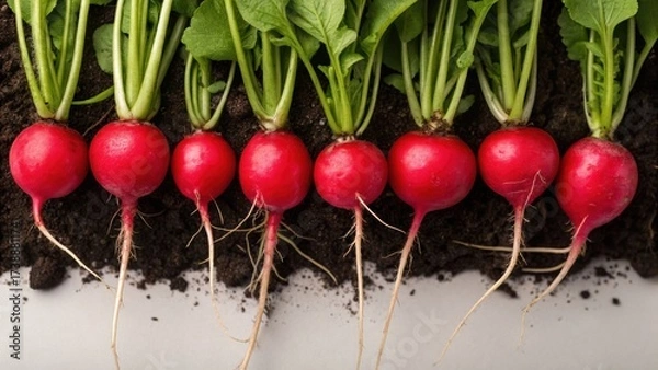Fototapeta Fresh red radishes with green tops, arranged in a row, partially exposed in rich black soil, showcasing their vibrant colors and healthy appearance.