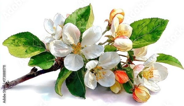 Obraz A delicate arrangement of  blossoms, leaves, and buds, painted in vibrant watercolor style, showcases a spring scene.