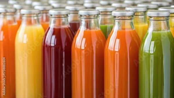Fototapeta Colorful glass bottles filled with various juices neatly arranged in rows, showcasing a vibrant assortment of flavors.