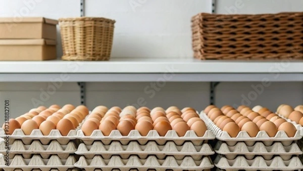 Fototapeta Eggs arranged neatly in cartons on a shelf, alongside wicker baskets and storage boxes, showcasing an organized food display.