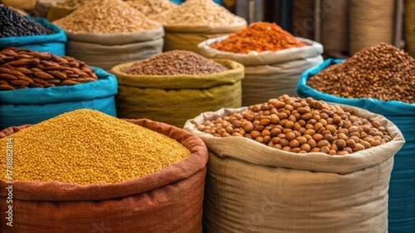 Fototapeta Colorful sacks filled with various spices and grains create a vibrant market display, showcasing the diversity of culinary ingredients.