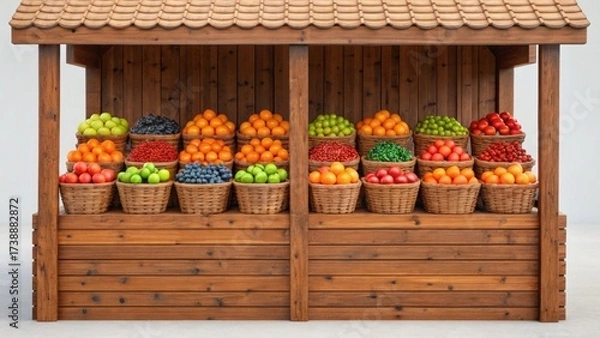 Fototapeta A fruit stand features colorful baskets of various fruits, arranged neatly in a wooden structure, showcasing a variety of produce.