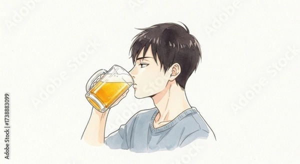 Fototapeta ビールジョッキでビールを飲む男性若者の横顔イラスト