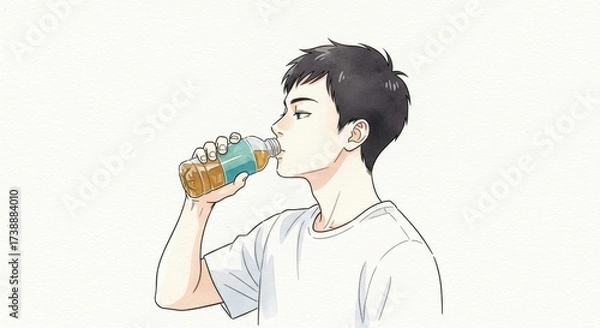 Fototapeta ペットボトルのお茶を飲む若者の横顔イラスト