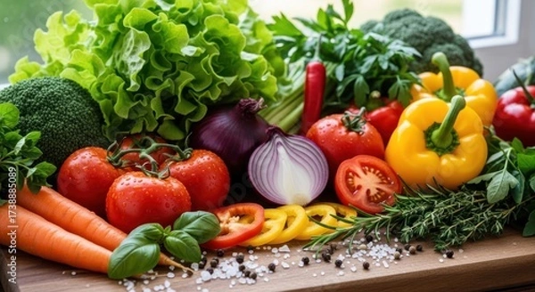 Fototapeta Fresh and vibrant arrangement showcases various colorful vegetables including tomatoes, bell peppers, lettuce, red onion, and broccoli, arranged on a wooden surface, presenting a healthy eating...
