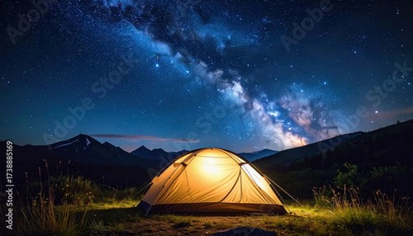 Fototapeta Captivating camping tent under a stunning starry night sky with ample copy space for text and branding purposes
