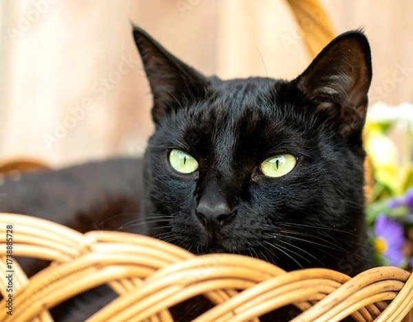 Fototapeta Shiny black cat with green eyes in a wicker basket
