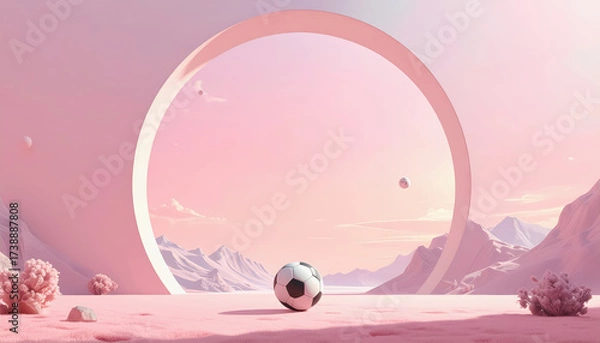 Fototapeta An artistic pink landscape featuring a large circle against a minimal pastel background with empty center space
