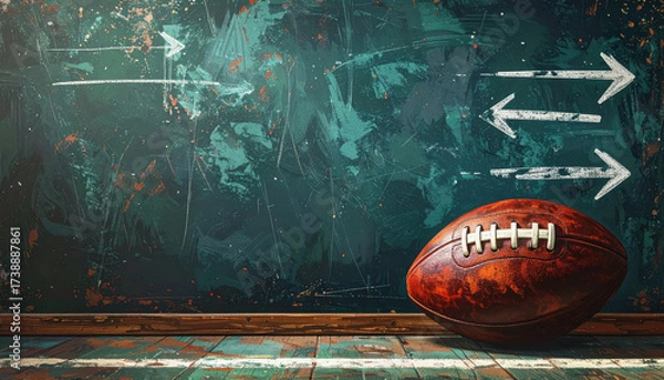 Fototapeta A football resting on a wooden floor surrounded by chalkboard strategy arrows with space on the left for use