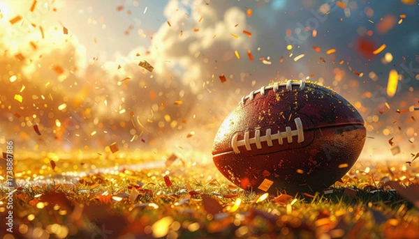 Fototapeta A vibrant football positioned on the field with a golden confetti background and copy space above for design