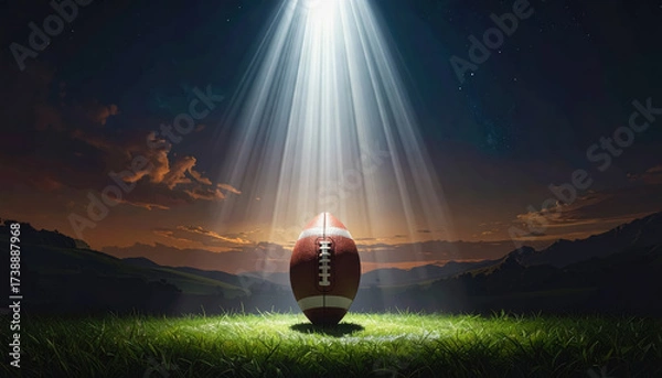 Fototapeta A football ball bathed in bright light from above set against a dark background with room for text and promotion