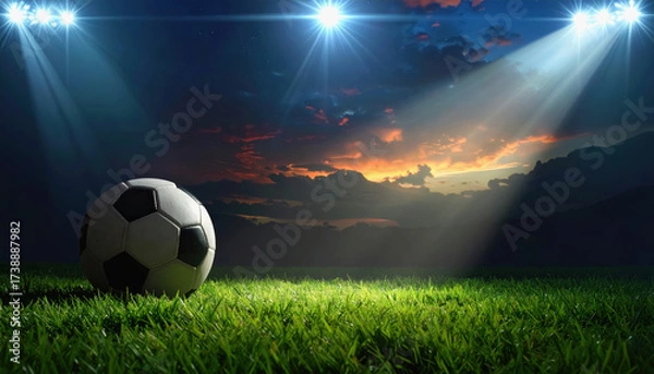 Fototapeta A soccer ball illuminated by a spotlight against a dark background with ample copy space for sports and event promotion