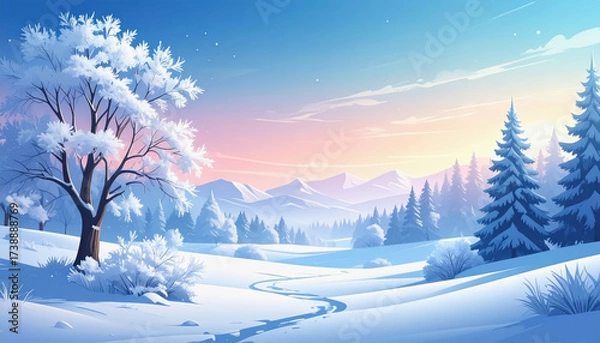 Fototapeta Beautiful snowy landscape capturing the essence of winter with frosted trees and a soft palette of cold tones
