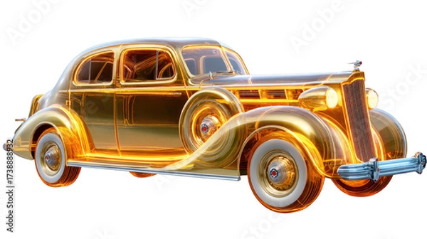 Fototapeta Golden Classic: A striking rendering of a classic car, gleaming with golden allure and intricate details that evoke the elegance of a bygone era.
