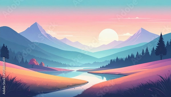 Fototapeta Serene mountain landscape with flowing river and lush green trees under a clear blue sky in minimalistic style