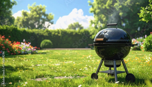 Fototapeta Elegant grill set up on lush green grass with ample copy space for text and outdoor cooking themes