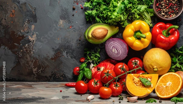 Fototapeta Fresh and colorful variety of vegetables and fruits arranged beautifully for healthy cooking with ample copy space