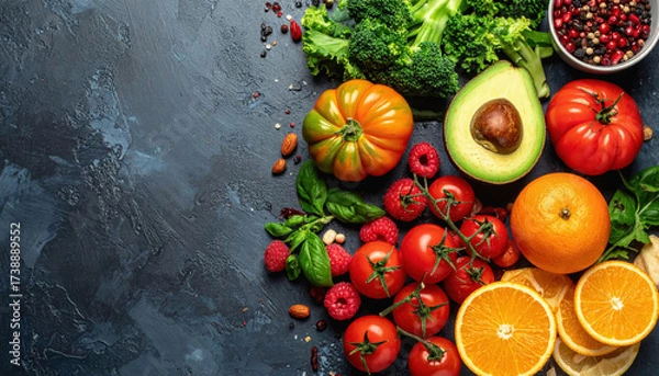 Fototapeta A colorful display of fresh fruits and vegetables artistically arranged on a table with copy space for text