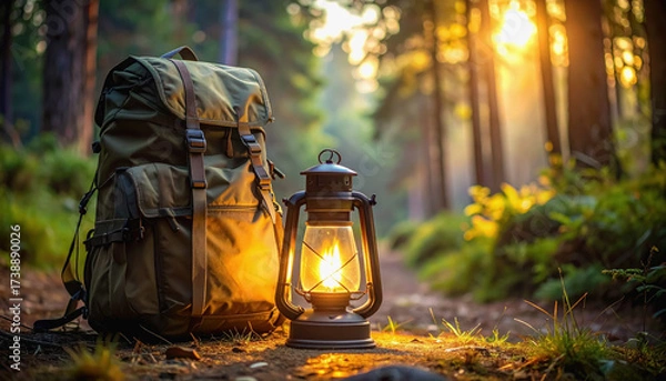 Fototapeta Outdoor backpack with glowing lantern beside it creating a cozy atmosphere and ample copy space for text ideas