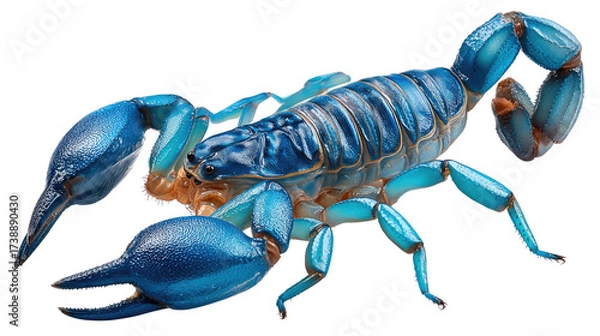 Fototapeta Blue Scorpion: A striking, photorealistic macro shot showcases the intricate details of a vibrant blue scorpion. Emphasizing its claws, tail and unique color.