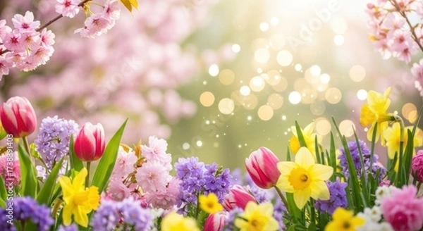 Fototapeta Vibrant display of colorful spring blossoms including tulips, daffodils, and cherry blossoms bathed in soft sunlight with a blurred bokeh background, creating a cheerful, seasonal atmosphere of...