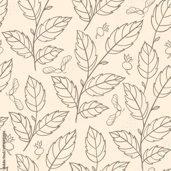 Fototapeta Seamless pattern of thin brown lines depicting leaves and seed pods on a beige background