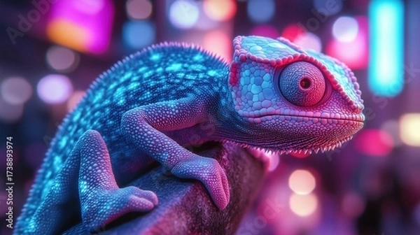 Fototapeta Colorful gecko perched on a branch, neon lights in the background.