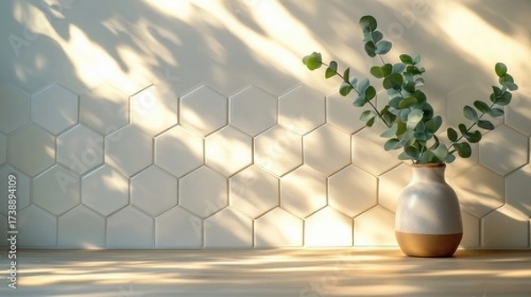 Fototapeta Modern vase with eucalyptus branches against a hexagonal wall.