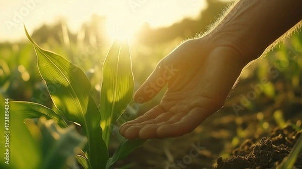 Fototapeta Hand touching a green cornstalk in a field at sunrise.