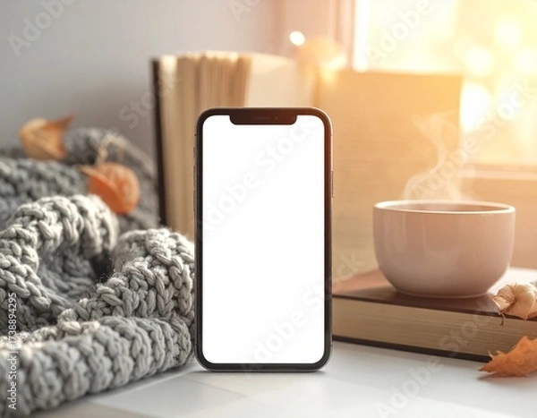 Fototapeta Phone Mockup Near Stack of Books and Warm Tea on Cozy Blanket