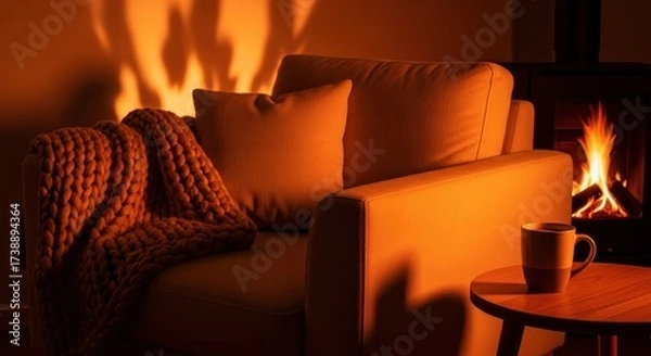 Fototapeta Comfortable armchair with a cozy knit blanket and soft pillow, next to a small side table with a warm mug of coffee, set in a living room with a lit fireplace creating a warm and inviting atmosphere.