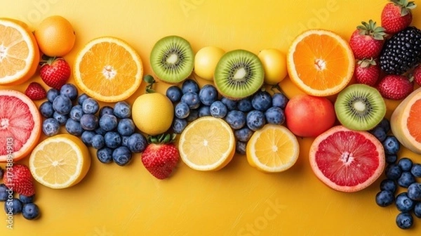 Fototapeta Assorted colorful fruits arranged on a yellow background.