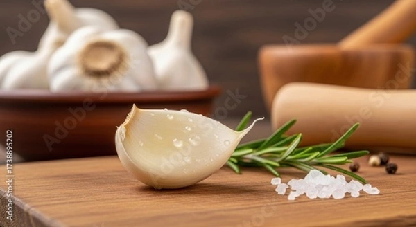 Fototapeta view showcases a fresh garlic clove, adorned with water droplets, accompanied by rosemary sprigs and sea salt crystals arranged on a wooden surface, with a blurred backdrop of garlic bulbs.