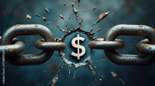 Fototapeta financial freedom independence strategy value concept. Chain breaking with a dollar sign in the center symbolizing financial freedom.