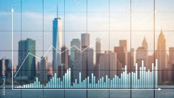Fototapeta financial freedom independence strategy value concept. City skyline with a financial growth chart overlay.
