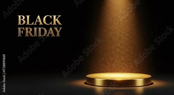 Obraz Golden Black Friday 3D text with elegant podium and sparkling light on dark background