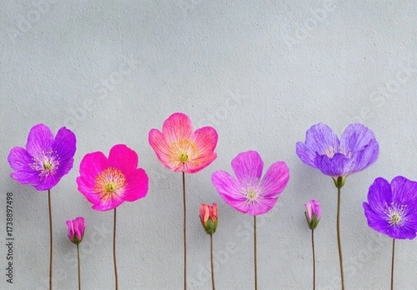 Obraz A collection of vibrant, brightly colored flowers in varying shades of pink and purple, arranged in a horizontal row against a neutral, textured backdrop.