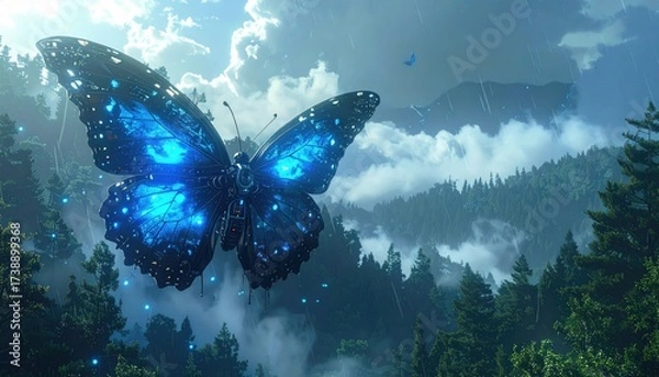 Obraz Robotic butterfly soars over forest
