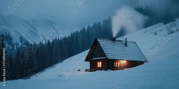 Fototapeta Cozy cabin in a snowy forest at twilight with smoke rising from the chimney.