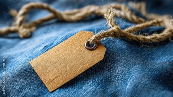 Fototapeta Blank Brown Tag on Rustic Twine Against Denim Background Surface