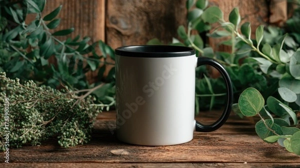 Fototapeta Simple White Coffee Mug Surrounded by Greenery on Wooden Table