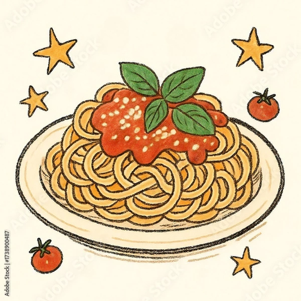 Obraz バジルをのせたトマトソーススパゲッティの手描き風イラストレーション。かわいらしいタッチで描かれたパスタ料理で、カフェメニューや食卓イメージにぴったりのベクターアート