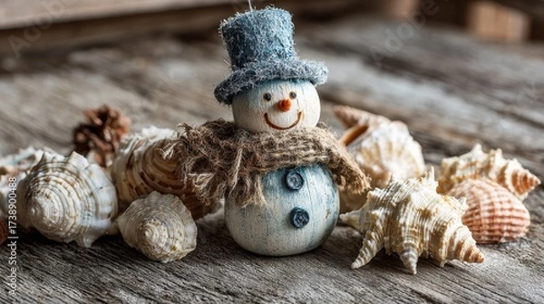 Fototapeta Snowman Decoration Surrounded by Various Beautiful Seashells