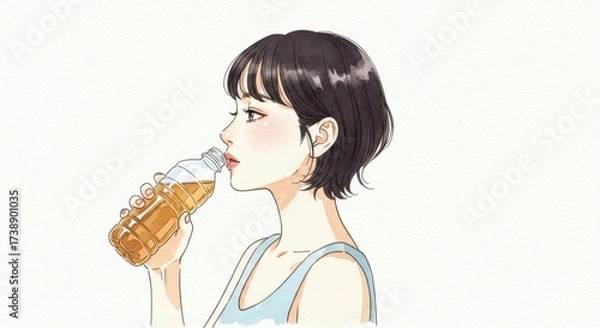 Fototapeta ペットボトルのお茶を飲む女性の横顔イラスト