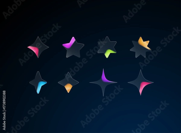 Fototapeta Glassmorphism gradient sparkle and star light effects set. Premium glowing UI icon pack with glossy highlights and vibrant neon colors for fantasy interface, sci-fi HUD